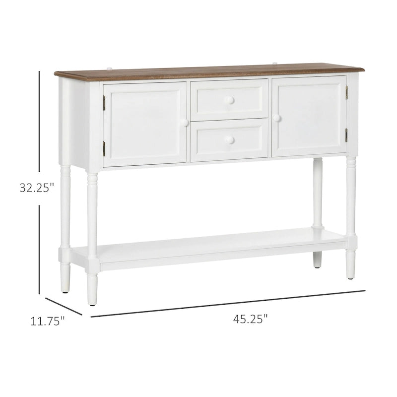 Console avec tiroirs, table d'entrée vintage avec 2 tiroirs, placards et étagère inférieure, blanc
