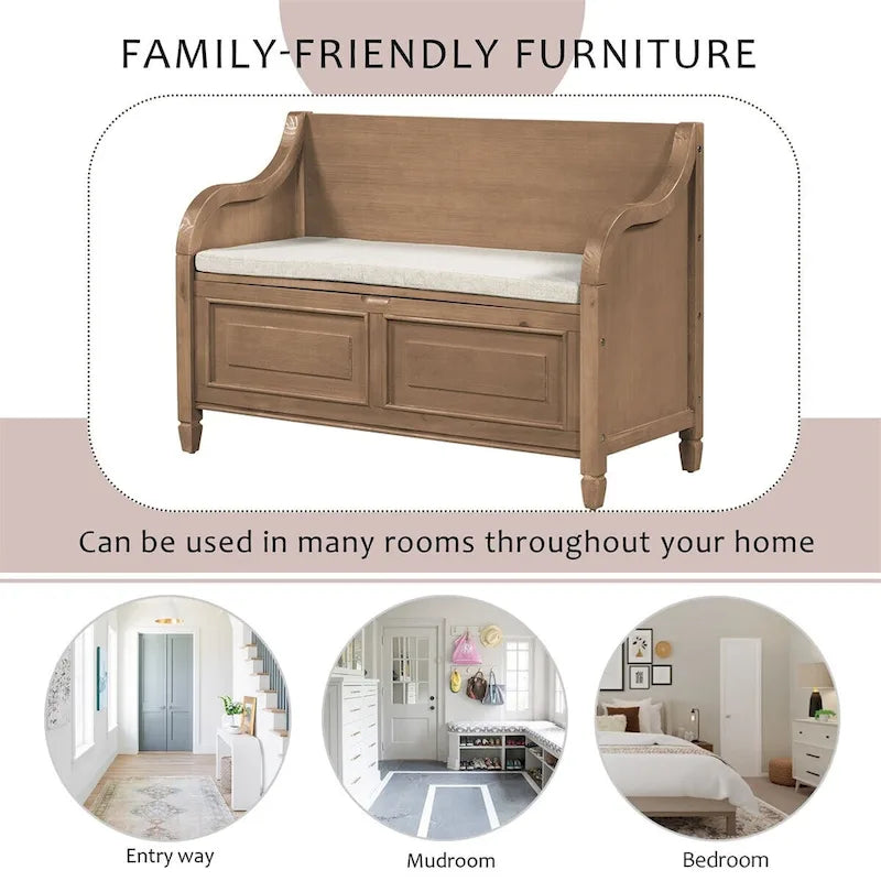 Banc de rangement multifonctionnel en bois massif, style rustique, pour entrée, 42 po