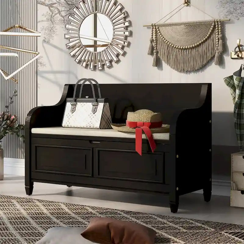 Banc de rangement multifonctionnel en bois massif, style rustique, pour entrée, 42 po