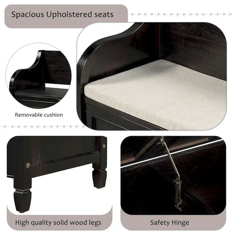 Banc de rangement multifonctionnel en bois massif, style rustique, pour entrée, 42 po