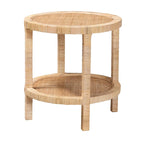 Table d'appoint Bella bohémienne moderne en bois d'acajou brun naturel et rotin naturel à 2 niveaux