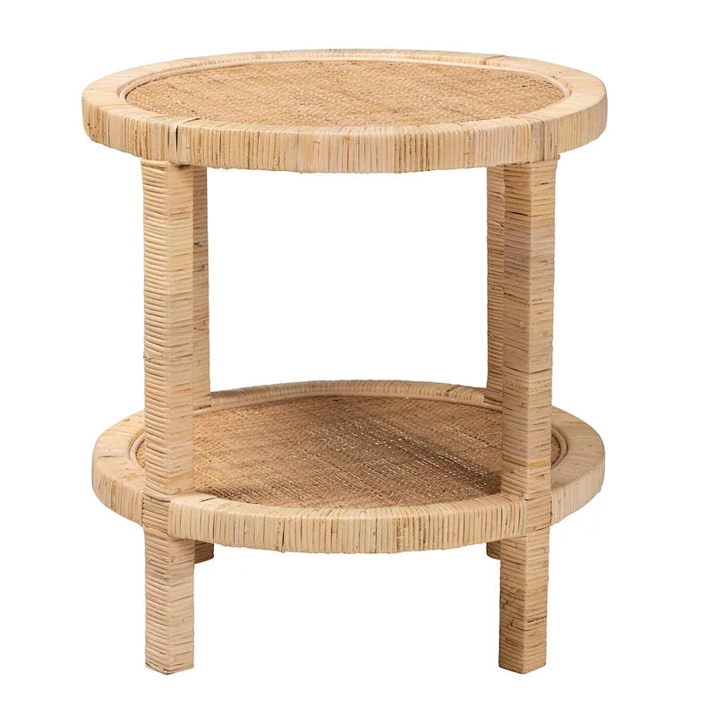 Table d'appoint Bella bohémienne moderne en bois d'acajou brun naturel et rotin naturel à 2 niveaux