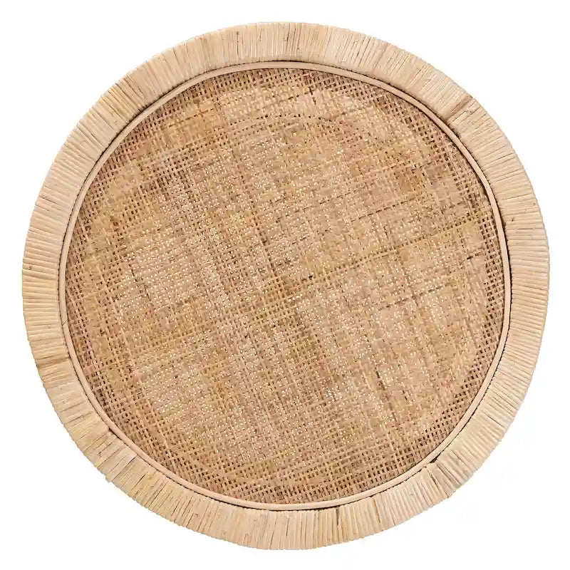 Table d'appoint Bella bohémienne moderne en bois d'acajou brun naturel et rotin naturel à 2 niveaux