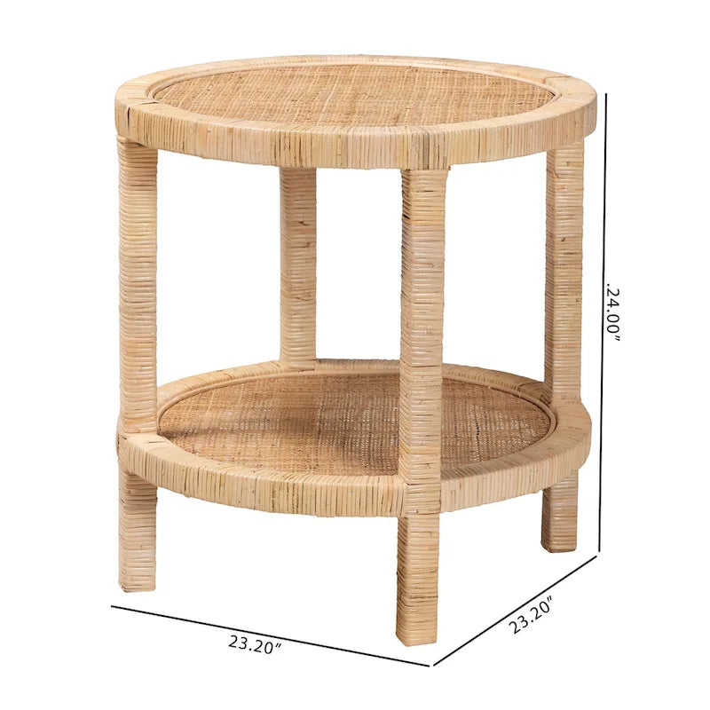 Table d'appoint Bella bohémienne moderne en bois d'acajou brun naturel et rotin naturel à 2 niveaux
