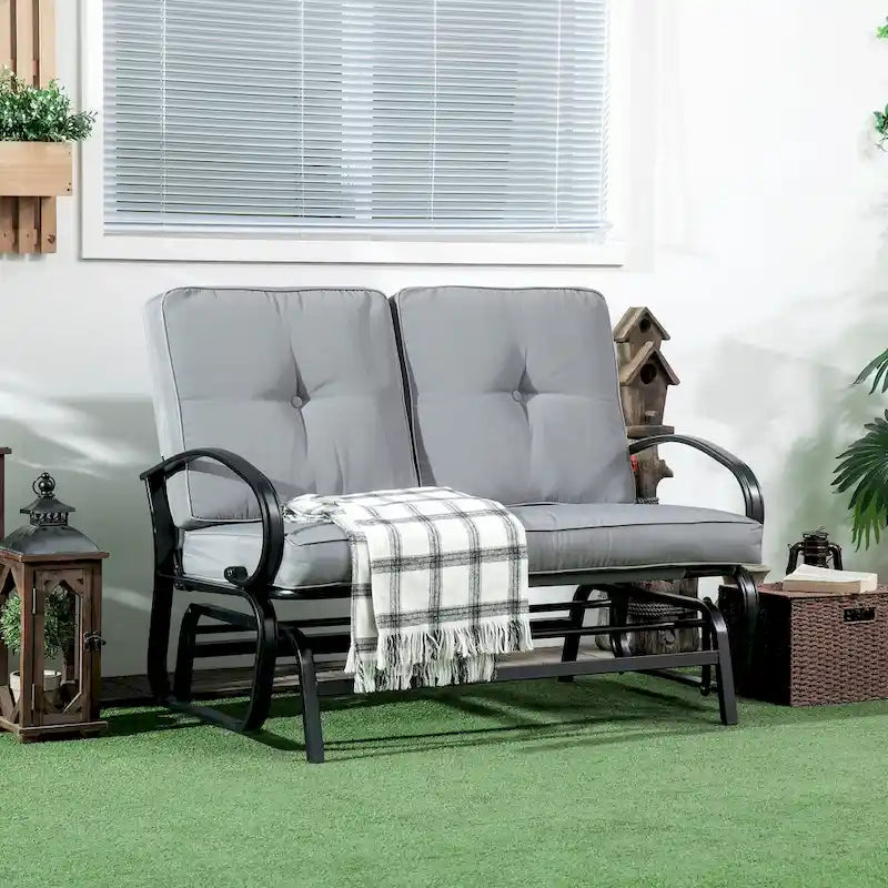 Outsunny Outdoor Glider Bench, 2-Person Patio Rocker Loveseat with Tufted Cushions, Steel Frame for Porch, Garden Backyard, Gray