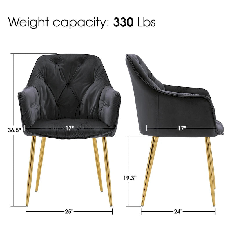 Lot de 2 chaises de salle à manger capitonnées, chaise d'appoint avec pieds plaqués or massif