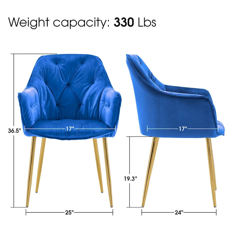 Lot de 2 chaises de salle à manger capitonnées, chaise d'appoint avec pieds plaqués or massif