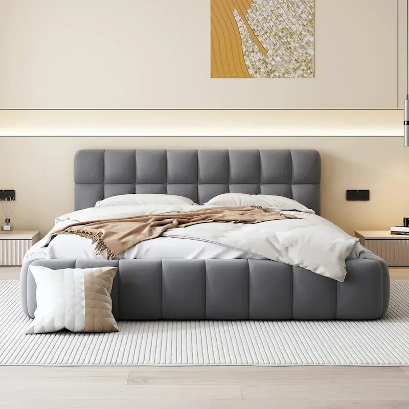 Lit plateforme capitonné Queen Size en tissu épais, lit sur pieds avec cadre solide