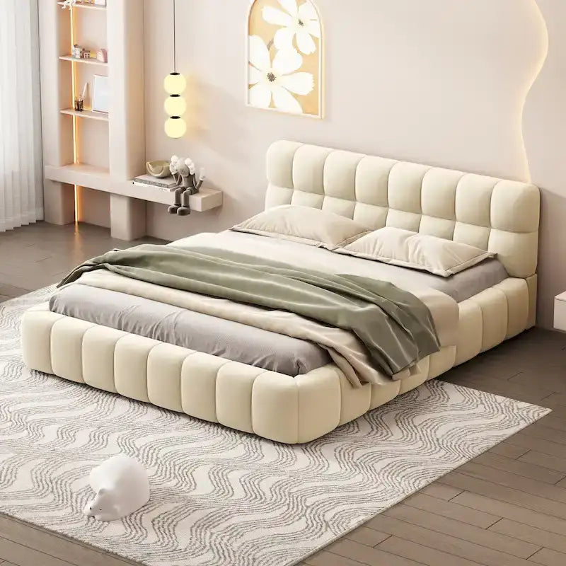 Lit plateforme capitonné Queen Size en tissu épais, lit sur pieds avec cadre solide
