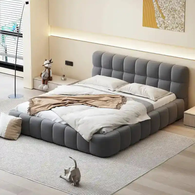 Lit plateforme capitonné Queen Size en tissu épais, lit sur pieds avec cadre solide