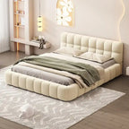 Lit plateforme capitonné Queen Size en tissu épais, lit sur pieds avec cadre solide