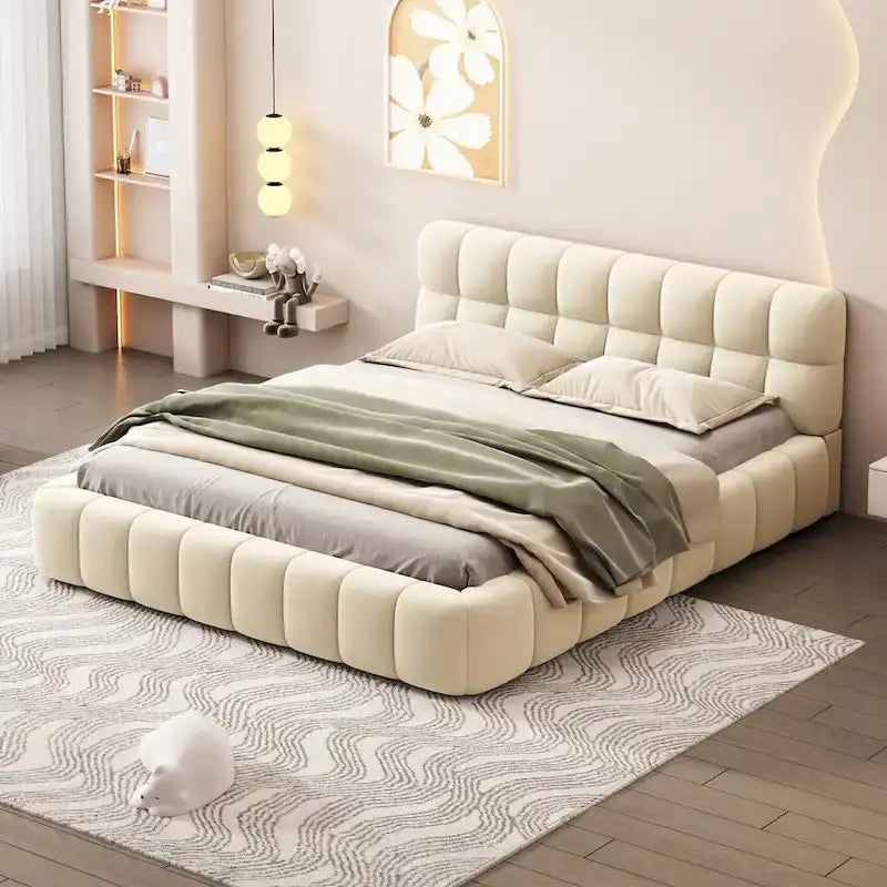 Lit plateforme capitonné Queen Size en tissu épais, lit sur pieds avec cadre solide
