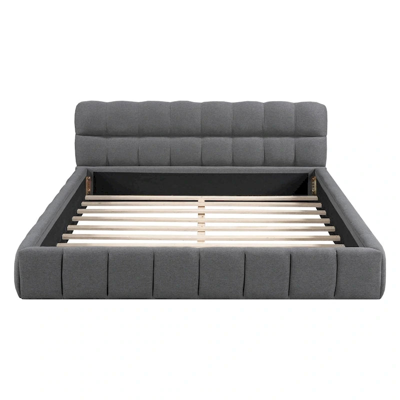 Lit plateforme capitonné Queen Size en tissu épais, lit sur pieds avec cadre solide