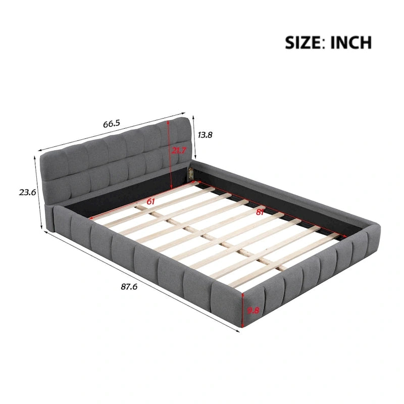Lit plateforme capitonné Queen Size en tissu épais, lit sur pieds avec cadre solide