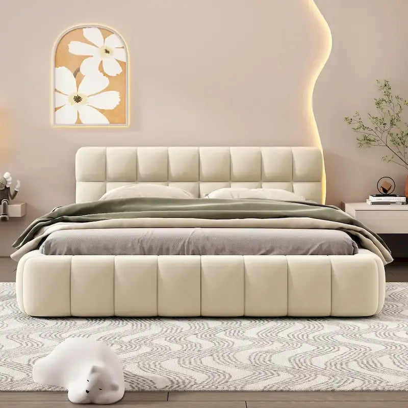 Lit plateforme capitonné Queen Size en tissu épais, lit sur pieds avec cadre solide