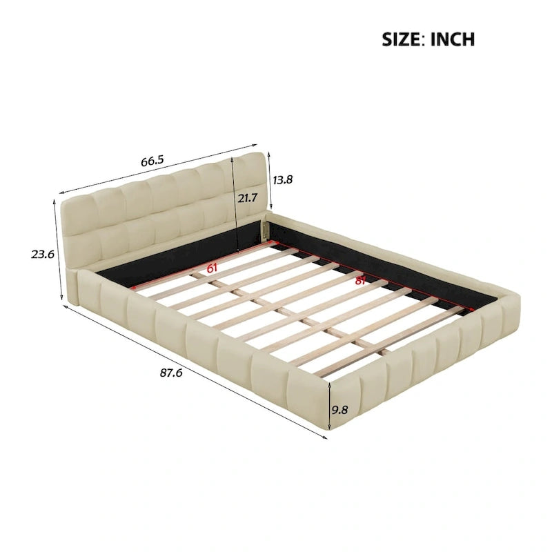 Lit plateforme capitonné Queen Size en tissu épais, lit sur pieds avec cadre solide