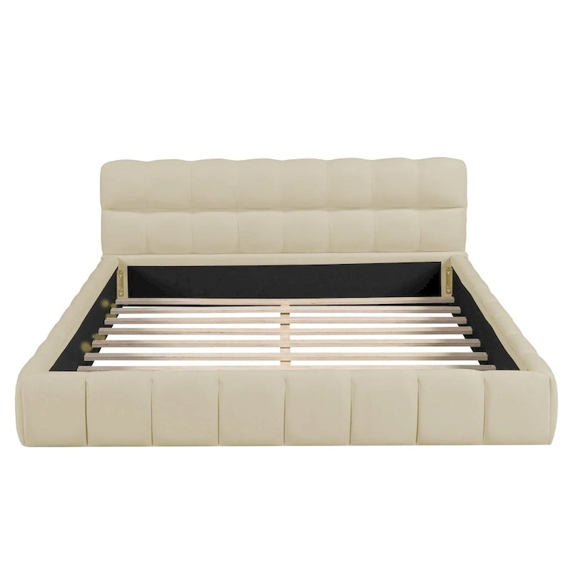 Lit plateforme capitonné Queen Size en tissu épais, lit sur pieds avec cadre solide
