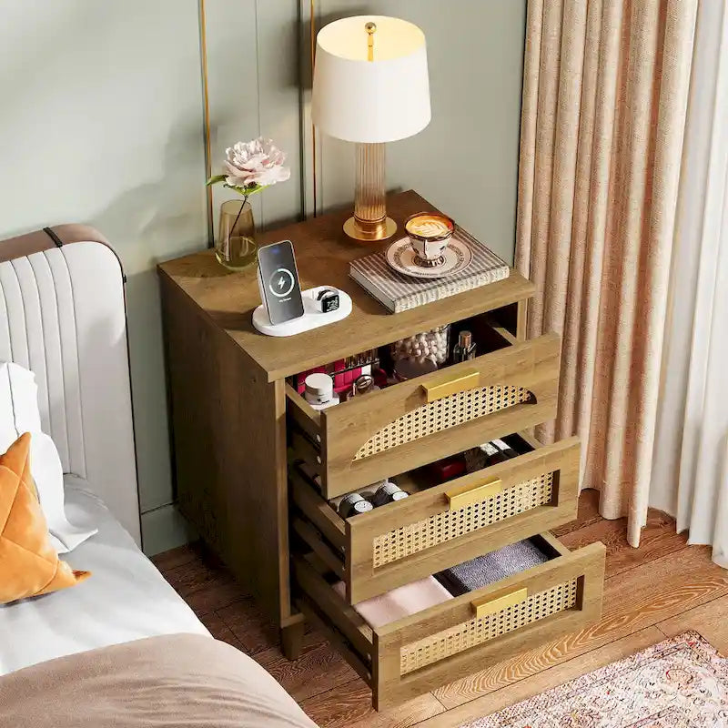 Table de chevet avec 3 tiroirs en bois/rotin