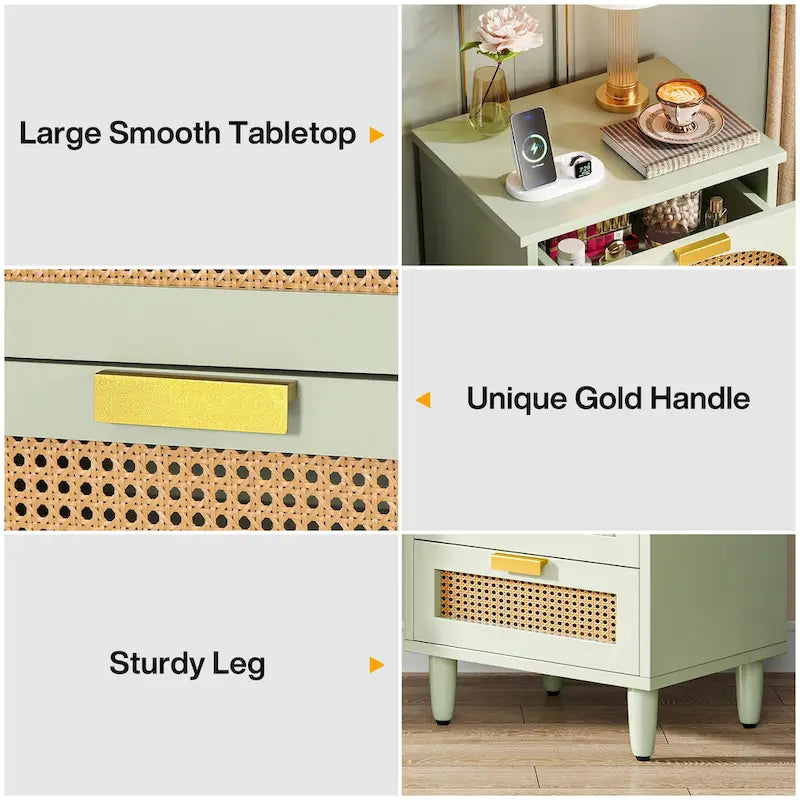 Table de chevet avec 3 tiroirs en bois/rotin