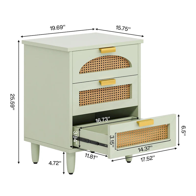 Table de chevet avec 3 tiroirs en bois/rotin