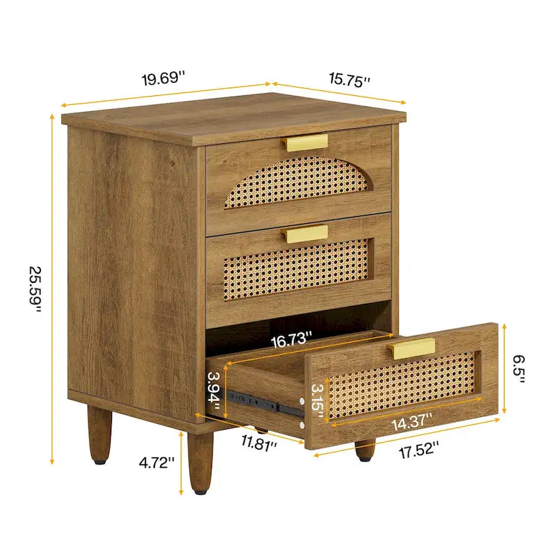 Table de chevet avec 3 tiroirs en bois/rotin
