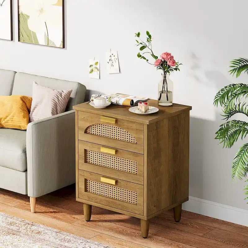 Table de chevet avec 3 tiroirs en bois/rotin