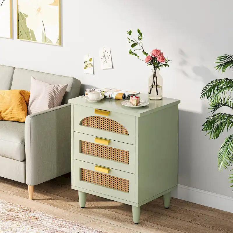 Table de chevet avec 3 tiroirs en bois/rotin