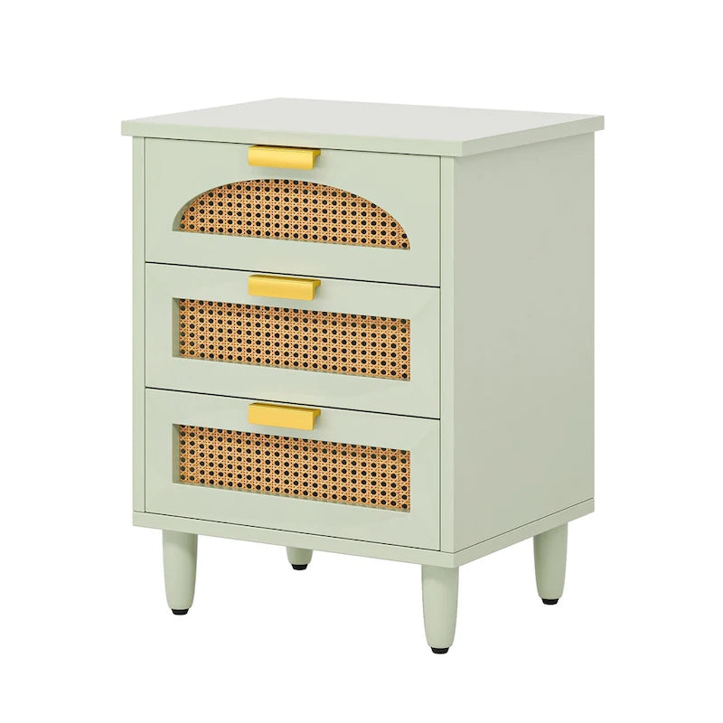 Table de chevet avec 3 tiroirs en bois/rotin