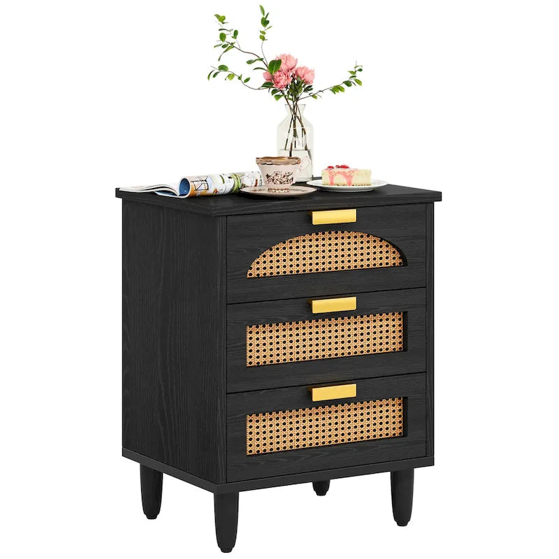 Table de chevet avec 3 tiroirs en bois/rotin