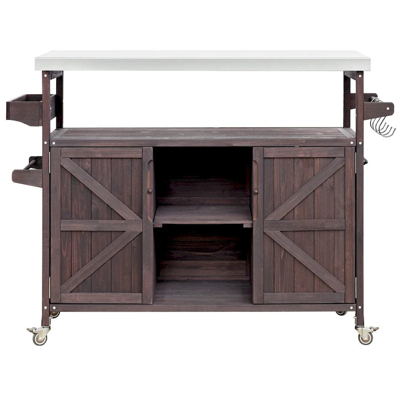 Chariot de cuisine d'extérieur îlot de ferme en bois massif de 127,6 cm avec plateau en acier inoxydable
