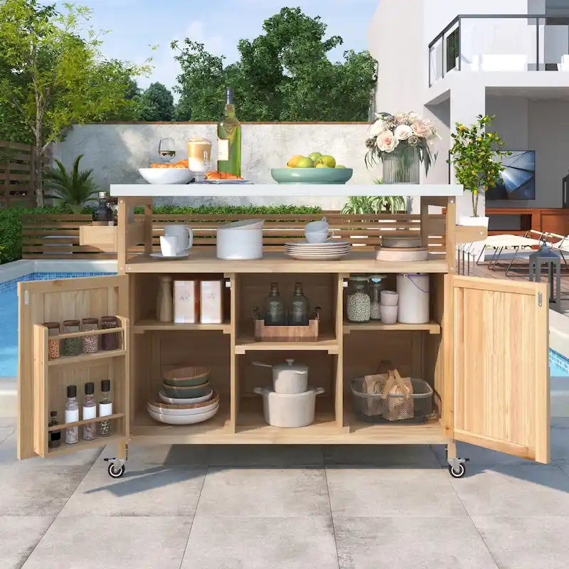Chariot de cuisine d'extérieur îlot de ferme en bois massif de 127,6 cm avec plateau en acier inoxydable