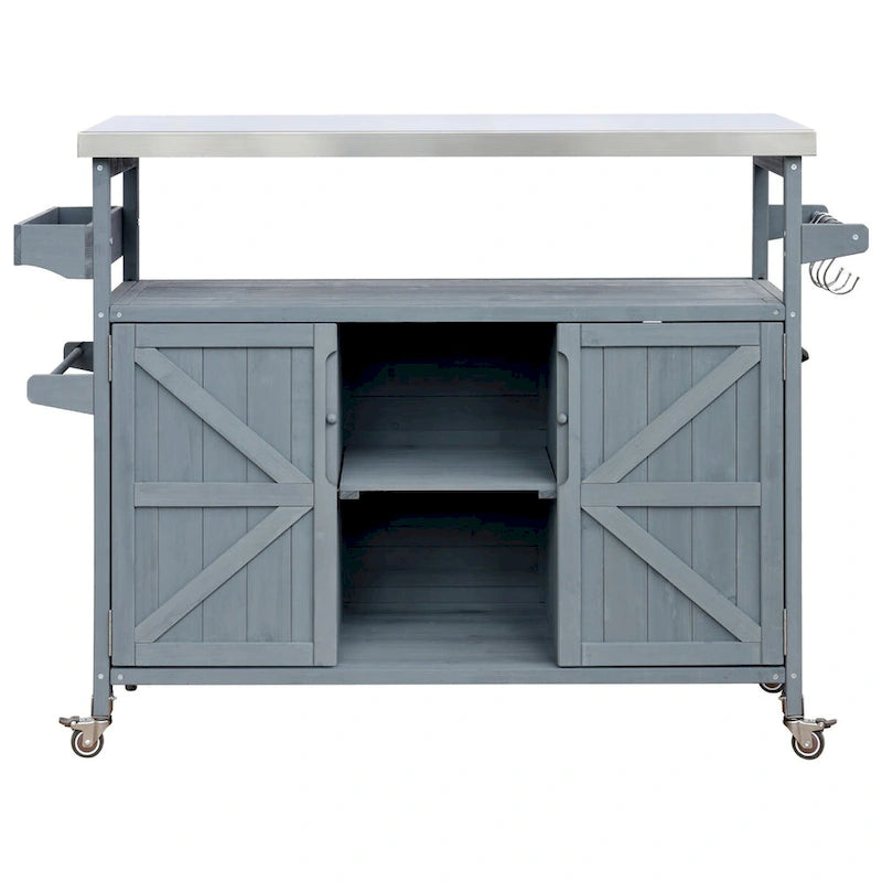 Chariot de cuisine d'extérieur îlot de ferme en bois massif de 127,6 cm avec plateau en acier inoxydable