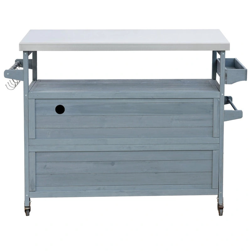 Chariot de cuisine d'extérieur îlot de ferme en bois massif de 127,6 cm avec plateau en acier inoxydable
