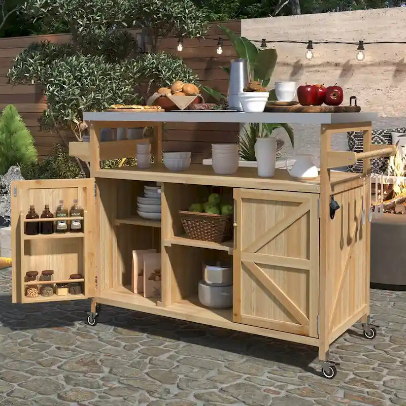 Chariot de cuisine d'extérieur îlot de ferme en bois massif de 127,6 cm avec plateau en acier inoxydable