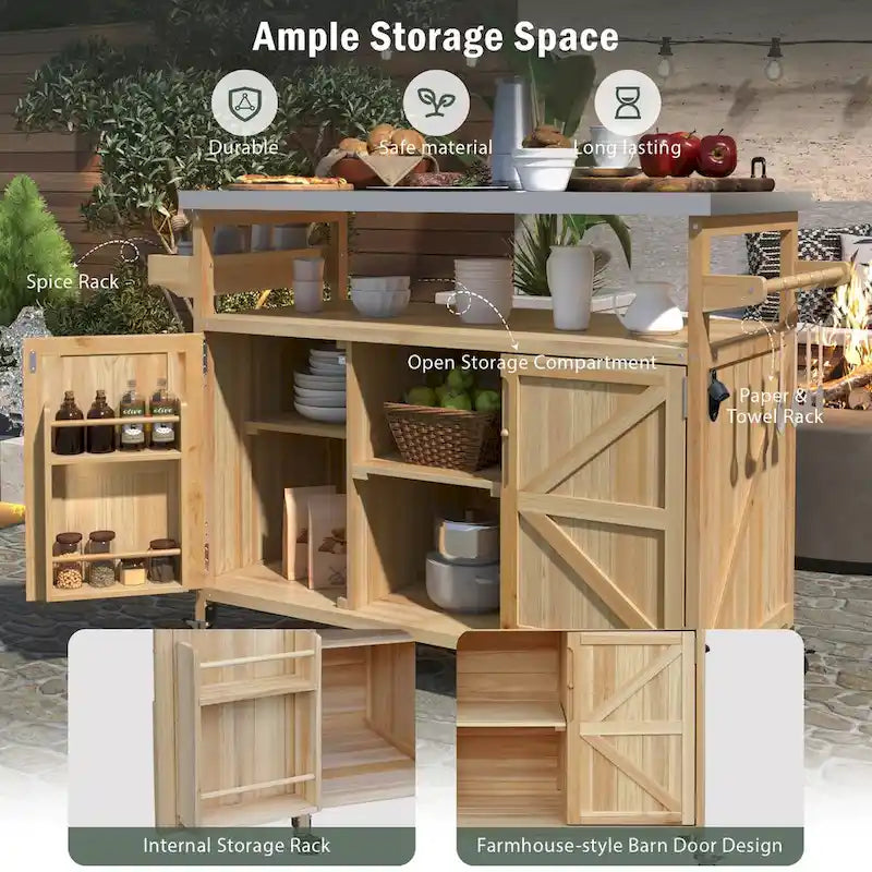 Chariot de cuisine d'extérieur îlot de ferme en bois massif de 127,6 cm avec plateau en acier inoxydable