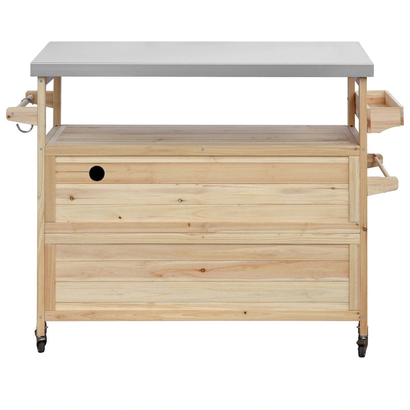 Chariot de cuisine d'extérieur îlot de ferme en bois massif de 127,6 cm avec plateau en acier inoxydable