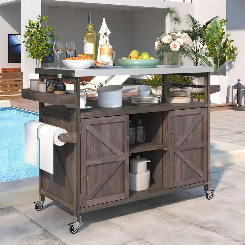 Chariot de cuisine d'extérieur îlot de ferme en bois massif de 127,6 cm avec plateau en acier inoxydable