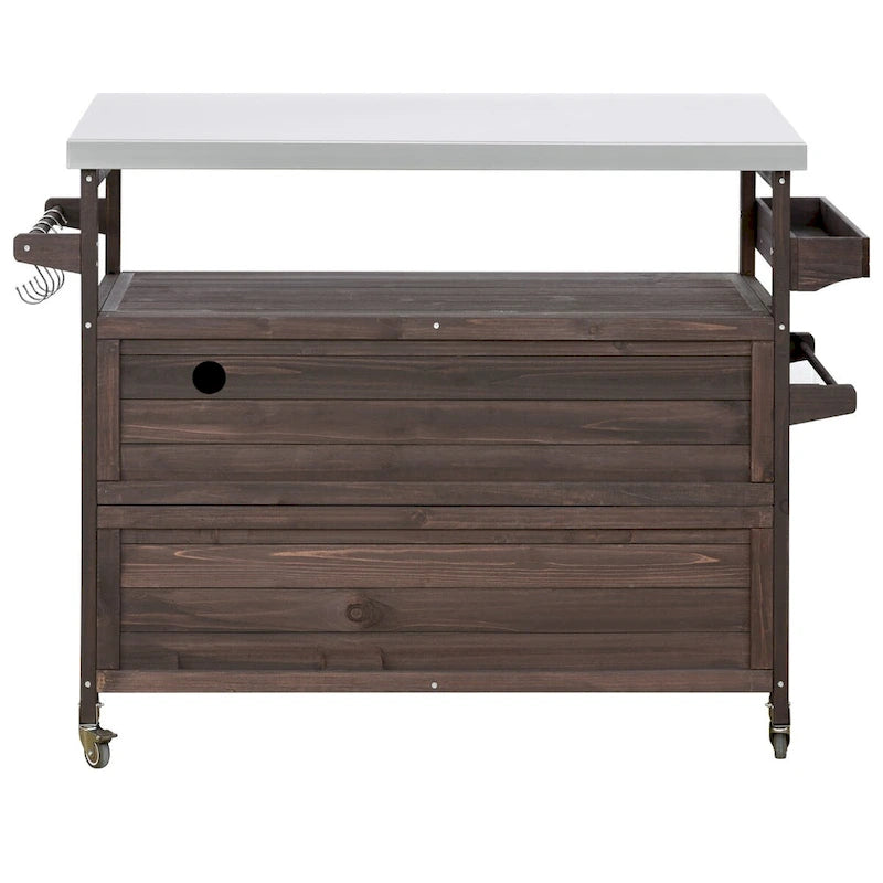 Chariot de cuisine d'extérieur îlot de ferme en bois massif de 127,6 cm avec plateau en acier inoxydable