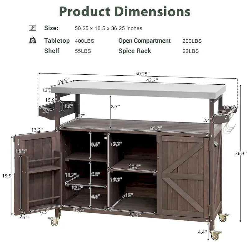Chariot de cuisine d'extérieur îlot de ferme en bois massif de 127,6 cm avec plateau en acier inoxydable