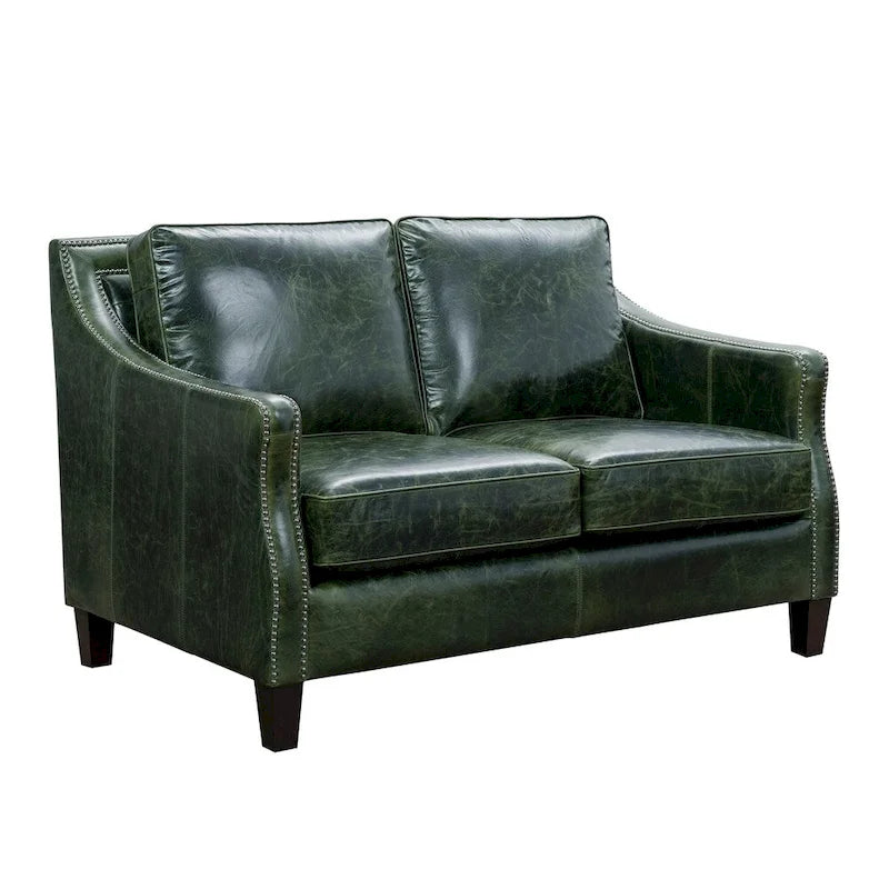 Ensemble canapé, causeuse et fauteuil en cuir pleine fleur vieilli vert Essex