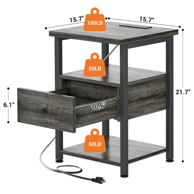Tables de chevet de style campagnard en bois à 2 tiroirs avec station de recharge - Lot de 2