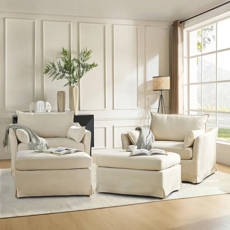 Fauteuil Sophie moderne surdimensionné déhoussable avec pouf et roulettes arrière verrouillables (ensemble de 2)