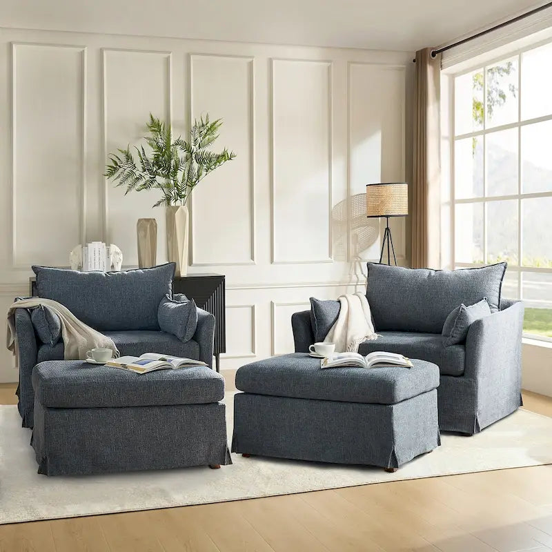 Fauteuil Sophie moderne surdimensionné déhoussable avec pouf et roulettes arrière verrouillables (ensemble de 2)