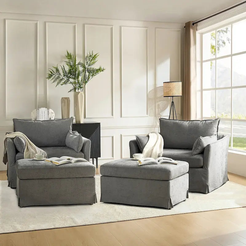 Fauteuil Sophie moderne surdimensionné déhoussable avec pouf et roulettes arrière verrouillables (ensemble de 2)