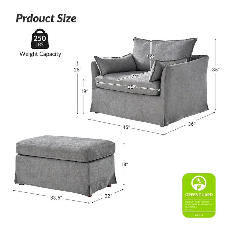 Fauteuil Sophie moderne surdimensionné déhoussable avec pouf et roulettes arrière verrouillables (ensemble de 2)