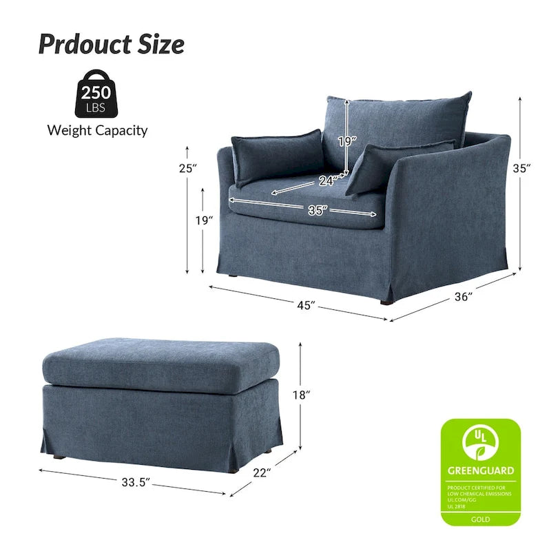 Fauteuil Sophie moderne surdimensionné déhoussable avec pouf et roulettes arrière verrouillables (ensemble de 2)