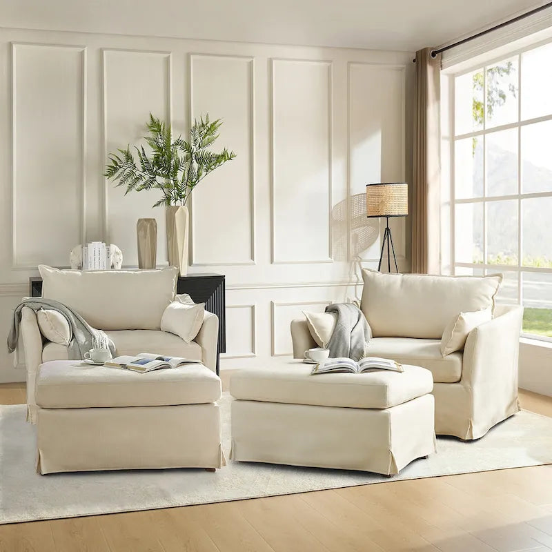 Fauteuil Sophie moderne surdimensionné déhoussable avec pouf et roulettes arrière verrouillables (ensemble de 2)