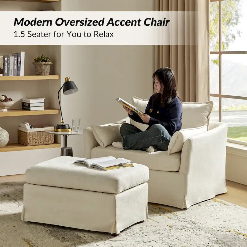 Fauteuil Sophie moderne surdimensionné déhoussable avec pouf et roulettes arrière verrouillables (ensemble de 2)