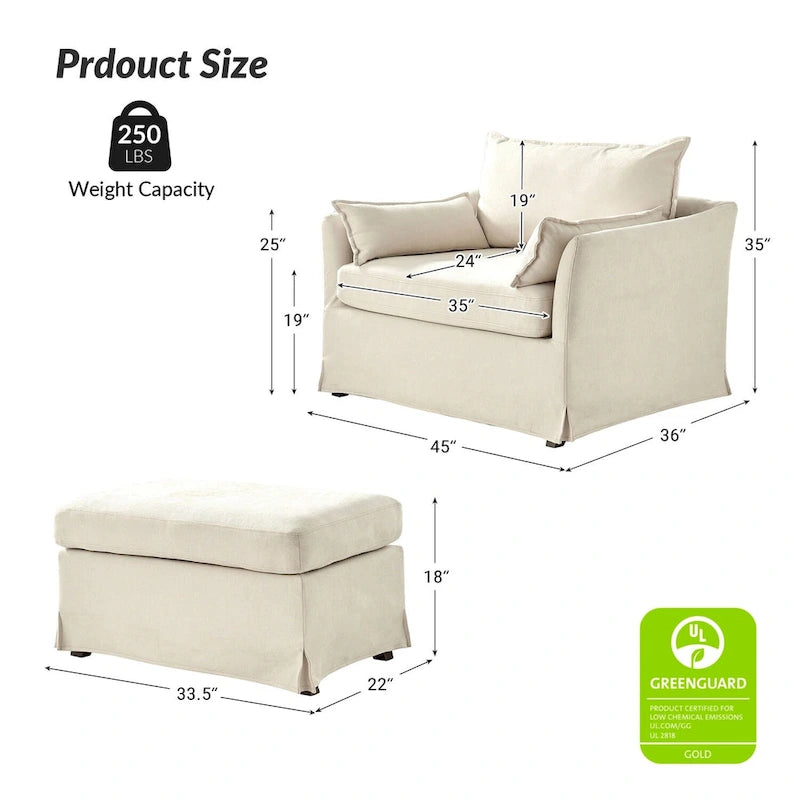 Fauteuil Sophie moderne surdimensionné déhoussable avec pouf et roulettes arrière verrouillables (ensemble de 2)