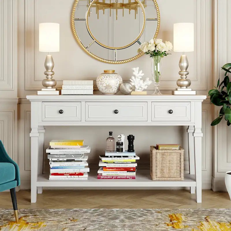 Table console classique avec 3 tiroirs supérieurs et étagère inférieure ouverte